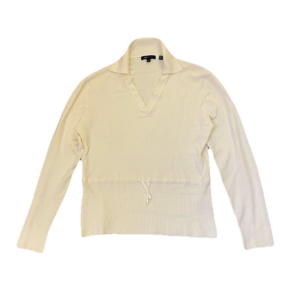 BCBGMaxazria Women's Sweater Top Size L Ivory Long Sleeves V-Neck Stretch EUC